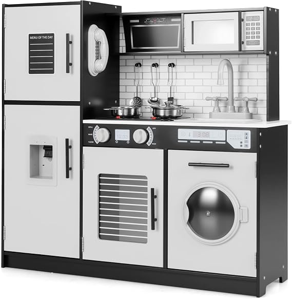 COSTWAY Kids Wooden Kitchen, Pretend Play Kitchen with Light, Sound, Oven, Washing Machine, Microwave, Water Dispenser, Telephone & Utensils, Children Chef Role Playset for Boys Girls (Grey+Black)