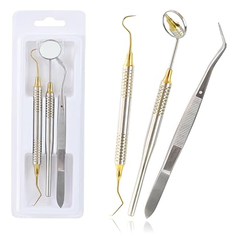 Gold Titanium Set of 3 Instruments Basic Dental Set- Mirror Explorer College Cotton Plier Hollow Handle -Dental Instruments DN-2510