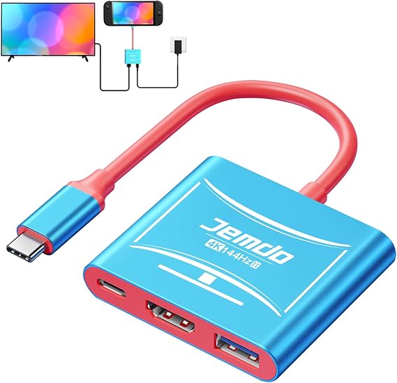 JEMDO Switch 2 TV Docking Station, 3-in-1 HDMI Adapter with 4K@144Hz HDMI 2.1 & 48Gbps, PD 100W& USB 3.2 Port, Portable Compact Travel Dock Compatible with Nintendo Switch 2(below V21.0.0)/OLED/2017
