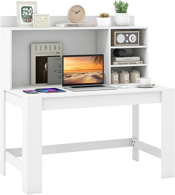 COSTWAY Computer Desk with Storage Bookshelf (White)
