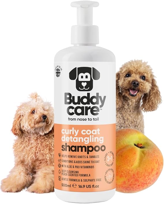 Curly Coat Detangling Dog Shampoo by Buddycare | Deep Cleansing Shampoo for Dogs | Peach Scented | With Aloe Vera and Pro Vitamin B5 (500ml)