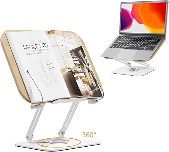 Reading Stand, Adjustable Book Stand with 360° Rotating Base, Foldable Cookbook Stand, Practical Rotating Stand for Sheet Music, Heavy Books, Laptop