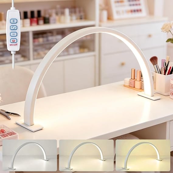 Half Moon Light for Nail Desk, Nail Light for Desk with 3 Color Modes and Stepless Dimming, Nail Desk Light, Half Moon lamp for Beauty, Nail Art, Eyelash, Makeup (White) [Energy Class A+++]