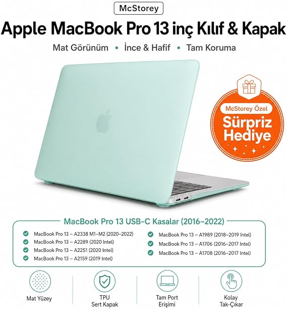 McStorey MacBook Pro 13 İnç Kılıf A2338 M1 M2 Uyumlu Mat Frosted Buzlu Yarı Şeffaf Sert Koruyucu Kapak A1706 A1708 A1989 A2159 A2251 A2289 Açık Yeşil
