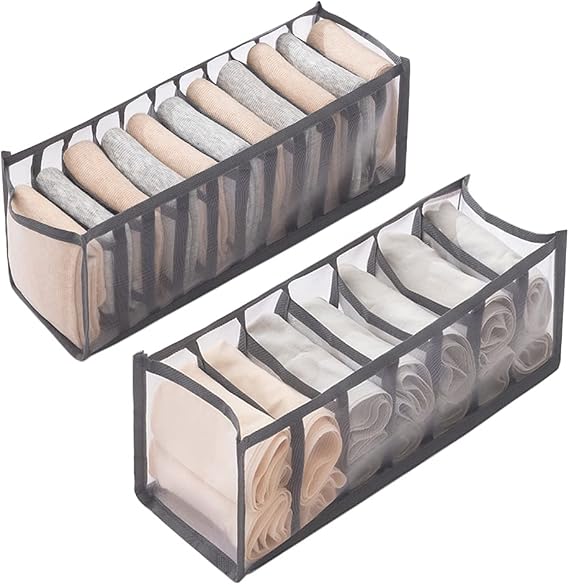 CORTNEY 2 Pcs Sock Drawer Organiser, Underwear Drawer Organiser Foldable Clothes Drawer Organisers for Sock, Underwear, Panties, Belts, Neck Ties and Handkerchiefs, 11 Grids+7 Grids (Grey)