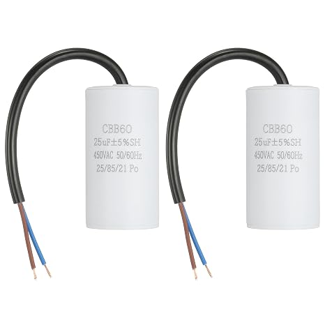 sourcing map 2Pcs CBB60 Run Capacitor 25uf 450V AC 2 Wires 50/60Hz Cylinder 73x37mm White for Air Compressor Water Pump Motor