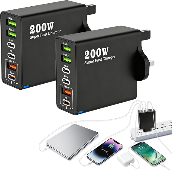 2PCS 200W USB C Charging Station with 6 Port Multi Fast Charger Plug UK
