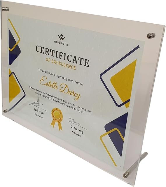 A4 Modern Certificate/Desktop Photo Frame Clear Acrylic Frameless Display With 4 Corner Posts and 2 Metal Supports 33.7cm x 25cm (For Landscape or Portrait)
