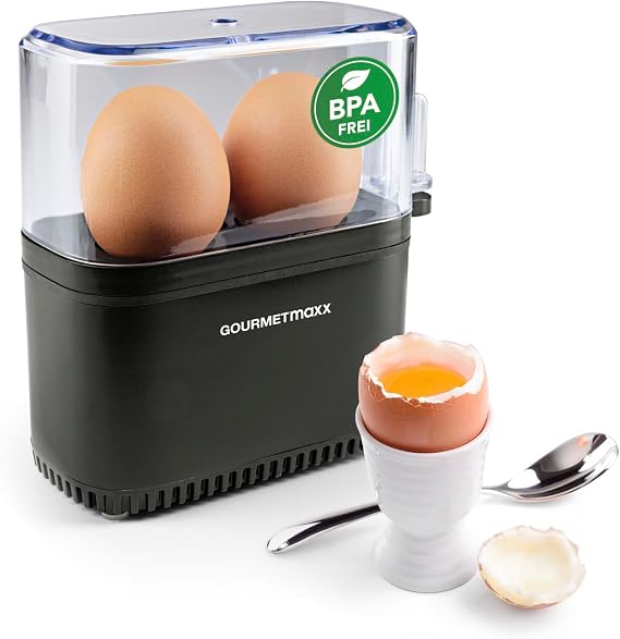 GOURMETmaxx Design Egg Cooker for 2 Eggs Compact Egg Boiler Egg Cooker with Egg Cutter Measuring Cup and Beep 3 Hardness Levels Easy to Clean and Dishwasher Safe Parts