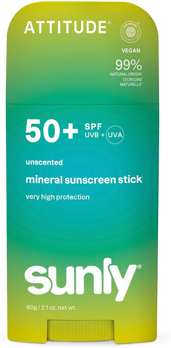 ATTITUDE Mineral Sunscreen Stick SPF 50, Broad Spectrum Zinc Oxide, EWG Verified, Non-Nano, Mess-Free Stick for Face & Body, Lightweight