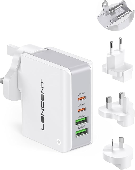 Lencent 4 Port USB Charger Plug, Worldwide Travel Adapter, 2 USB-C 2 USB-A