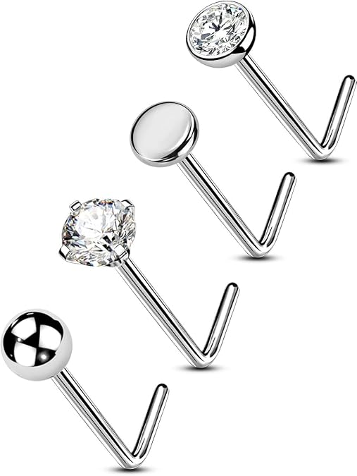OUFER Body Piercing Solid Titanium Nose Piercing 20G Nose Stud Bone Pin 4pcs Nostril Rings L- Bend Nose Body Piercings Jewellery for Women Men