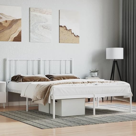 Double Bed Frame with Headboard, Heavy Duty King Size Metal Platform Bed Frame, Steel Black Bedroom Furniture for Master Guest Room（White,140 x 190 cm,with headboard）
