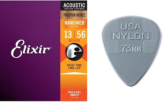 Elixir 16102 Strings Phosphor Bronze Acoustic Guitar Strings w NANOWEB Coating, Medium (.013-.056) & Jim Dunlop 44P.73 Nylon Standard Player PCS(12 PCS)