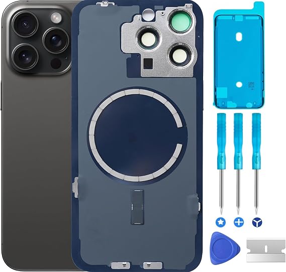 15 Pro Max バックガラス iPhone 15 Pro Max用 リアバックカバー ガラス 防水 カメラレンズ+プロフェッショナル修理ツールキットブラックチタン、iPhone 15 Pro Max