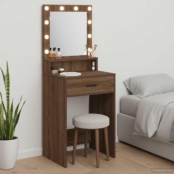 Brown Oak Dressing Table with LED Mirror Lights and Ample Storage, 50 x 41 x 135 cm Engineered Wood Modern Vanity Desk for Bedroom Organization