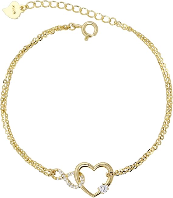 Meissa Bracelet for Women Heart Shape 925 Sterling Silver Heart Double Layer Bracelet Rose Gold Plated Adjustable Birthday Christmas Gifts for Women