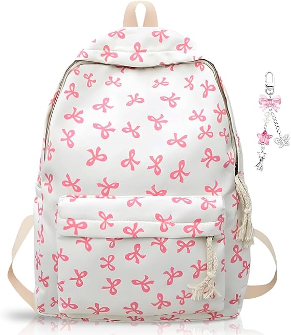 Pink Bow School Backpack for Girls with Keychain