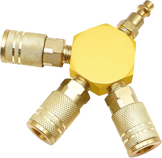 Hava Dağıtıcı 3 Yollu Manifold Altıgen Stil 3 Parça Pirinç Endüstriyel Bağlayıcı ve 1/4" Fiş, Hava Kompresörü Hortum Aksesuarları Hızlı Bağlantı Bağlantı Bağlantı Elemanları H-047