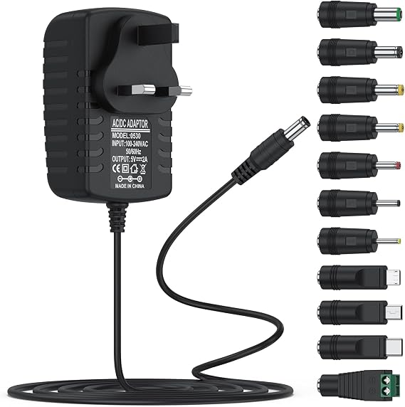 5V 2A AC Adapter Power Supply DC5V wall charger with 11 interchangeable DC plug tips AC to DC 5Volt 2A 1.5A 1A 800mA 600mA 500mA 400mA 200mA 100mA Power Adapter 5v power cord ac dc adapter (Black)