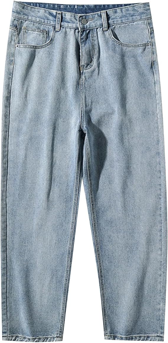 WWricotta Mens Simple Solid Color Japanese Washed Loose Straight Trousers Jeans E Motion Straight Fit Leg