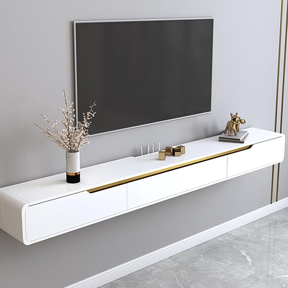 Solid wood Floating TV Stand, With 2 drawers floating tv cabinet, Floating tv unit wall mounted, completely assembled living room wall mounted tv unit (White, 120cm)