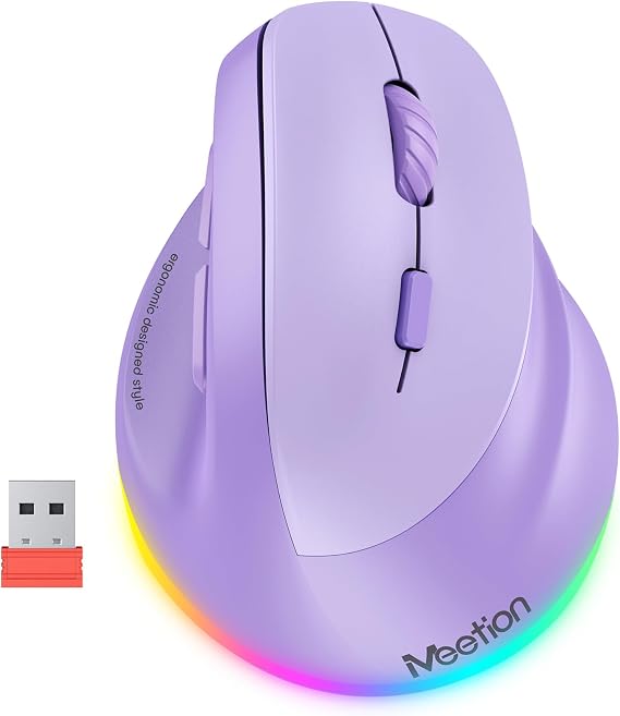 MEETION Ergonomik fare, kablosuz dikey fare RGB arkadan aydınlatmalı şarj edilebilir fare, Bluetooth (5.2 + 3.0) ve USB-A USB-C adaptörlü 4 ayarlanabilir DPI uyumlu Mac/Windows/Andriod/PC/Tablet/iPad