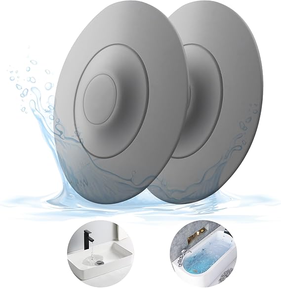 HUAERSICO Universal Silicone Drain Plug - Washbasin Plug and Bathtub Plug with Press and Hair Strainer Function - Practical Drain Strainer for Washbasins, Bathtubs and Sinks, Grey, 2 Pieces