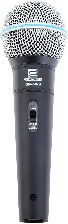 Pronomic DM-58-B Dynamic Vocal Microphone with Switch for Speech Vocals and Instruments Directional Characteristic: Super Cardioid Frequency Response: 70-16000 Hz Includes Bag Clamp Reducing Thread