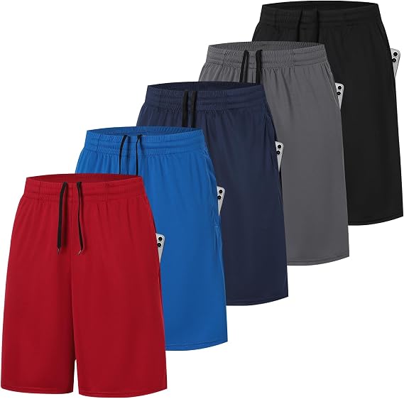 ZENGVEE Pack of 5 Men's Shorts with Pocket, Breathable Quick Dry Running Sports Clothing Men, Gym, Fitness, Tennis
