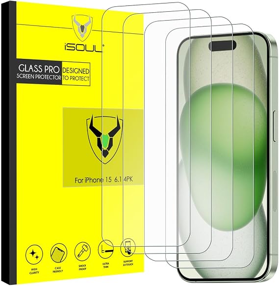 iSOUL 4-Pack Screen Protector for iPhone 15 6.1-Inch Tempered Glass Film [Ultra HD] [3D Touch] [Case Friendly]