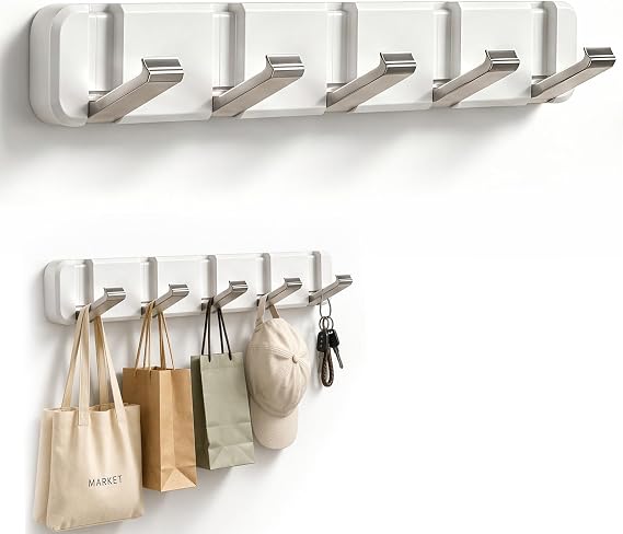 Coat Hooks Wall Mounted,Self-Adhesive Modern Wall Racks,Space-Saving Coat Hanger with 5 Retractable Hooks,Folding Metal Coat Racks for Hanging Towel Clothes Keys,Hats (White)