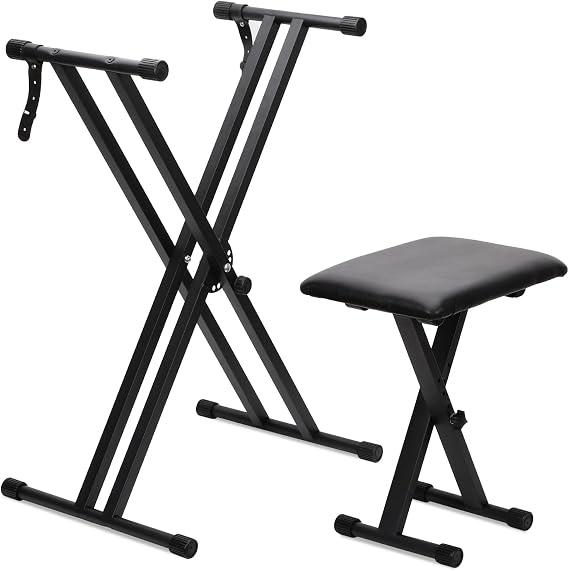 Double Braced X Frame Music Piano Keyboard Stand & Chair Set,Piano Stand with 7 Times Adjustable Height Positions,Braced X Frame Music Piano Keyboard Chair