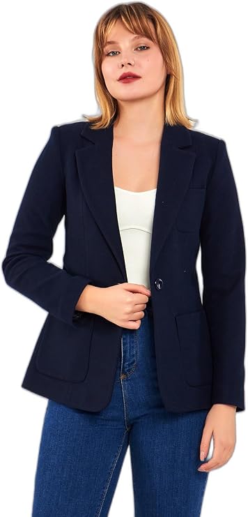 Klasik Tek Düğmeli Lacivert Kaşe Blazer Ceket, Kadın, Astarlı, Ofis ve Günlük Kullanım