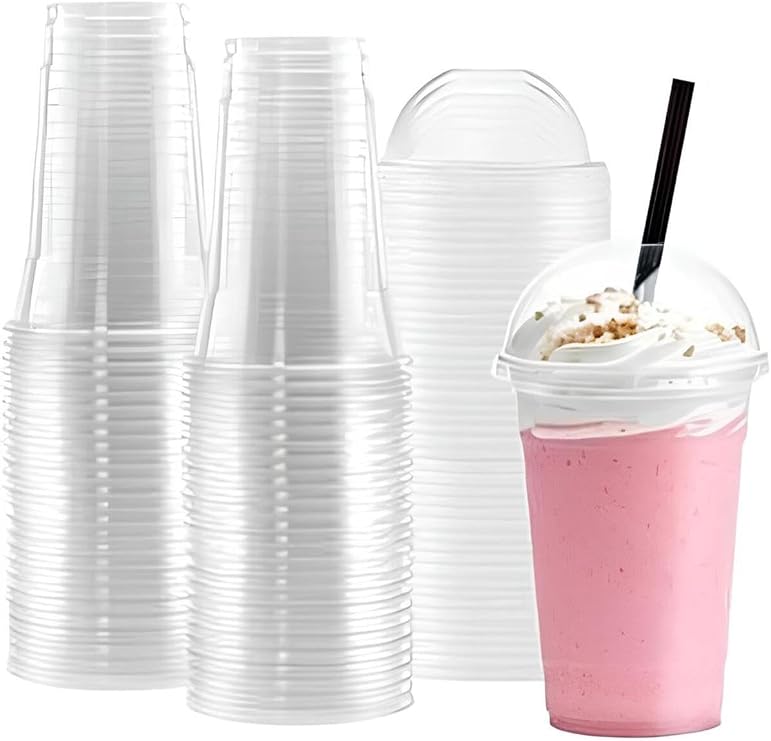 Milkshake Cup with Plastic Transparent Cup Lid Coffee Cup Cold Beverage Cup 400-450ml 50 Pieces