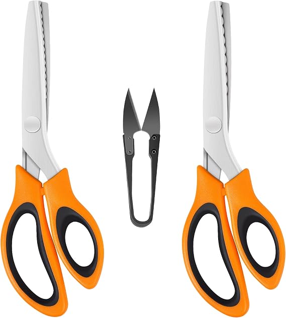 KUONIIY Pinking Shears (2 Pcs, Serrated & Scalloped Edges) with a Thread Snips, Zig Zag Scissors with Comfortable Handle, for Cutting Fabric, Orangeblack