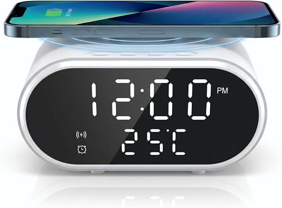 iN 2-in-1 Digital Alarm Clock with 15W Fast Wireless Charger | USB-C Power Cable | Qi-Certified Charging Station with LED Display, Phone Stand & Reliable Alarm Clocks Bedside for Bedroom,Office & Dorm