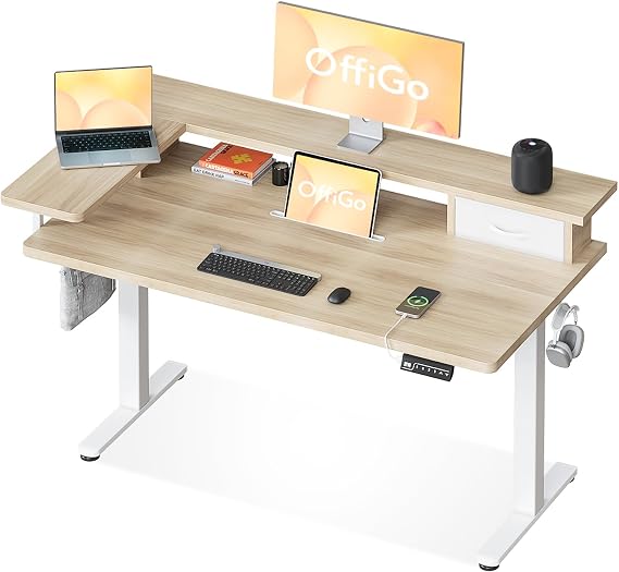 OffiGo Standing Desk with Drawers & Monitor Stand, USB Port, 120cm Beige
