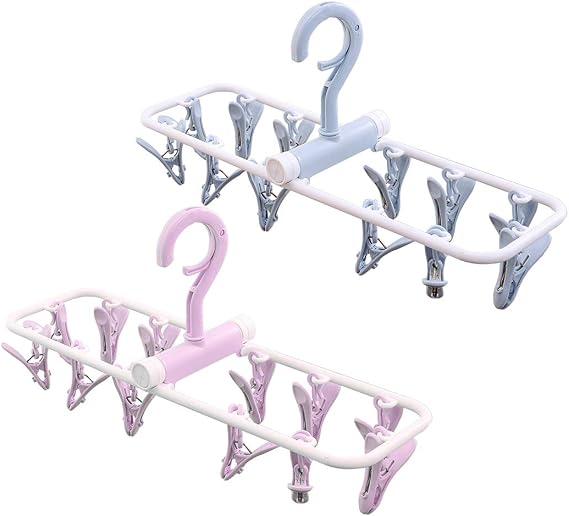 2 Pack Folding Portable Travel Clip, Drip Drying Hanger Rack with 12 Clips for Clothes Socks Underwear - Windproof & Space Saving (Light Blue + Light Purple)