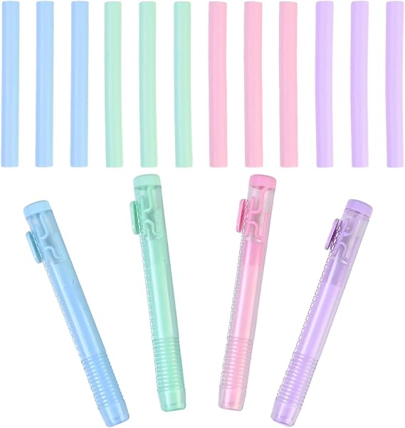 Set of 4 Eraser Pens Push-Pull Retractable Erasers with 12 Replacement Erasers in Pen Style for Children Students Artists Painting Writing Home School