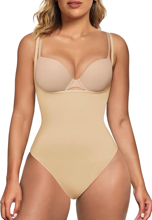 SHAPERX Open Bust Shapewear Tummy Control Bodysuit for Women, Seamless High-Waisted Thong Body Shaper for Sculpting and Shaping