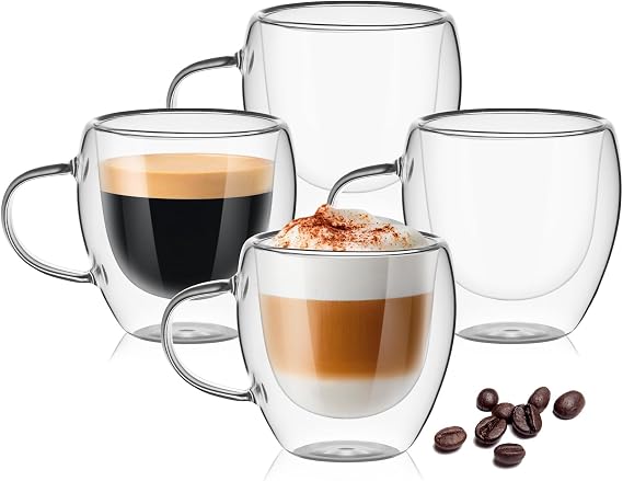 4 Pack Espresso Cups, 80ml Espresso Coffee Cup with Handles, Double Walled Coffee Mug, Insulated Glass Cups