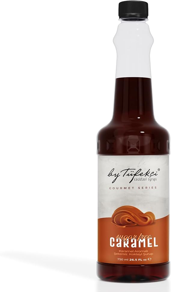 By Tüfekçi Gourmet Serias Şekersiz 0 Kalori 0 Şeker Aromalı Kahve Pasta Tatlı ve Kokteyl Şurubu (750 ml, Karamel)