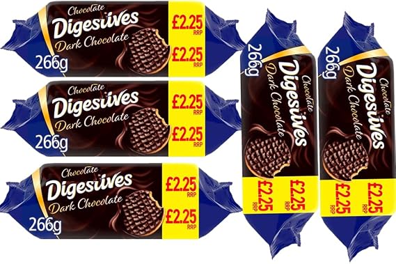 Dark Chocolate Digestive Biscuits PMP 266g - Wheatmeal Biscuits Covered in Dark Chocolate - mct (5 x Packs)