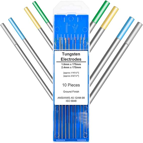 for TIG Welding Tungsten Electrodes Mix Packaging 2.4/1.6 x 175 mm, 2pcs Pure Tungsten, 2pcs 2% Cerium(Grey), 2pcs 1.5% Lanthanum(Gold), 2pcs 2% Lanthanum(Blue), 2pcs 2% Thorium(Red) (10 Pack)