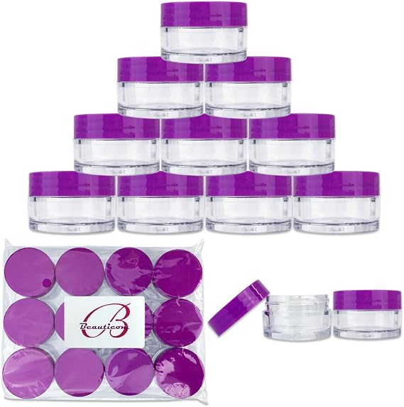 Beauticom 20 gram/20ml Empty Clear Small Round Travel Container Jar Pots with Lids for Make Up Powder, Eyeshadow Pigments, Lotion, Creams, Lip Balm, Lip Gloss, Samples (12 Pieces, Purple)