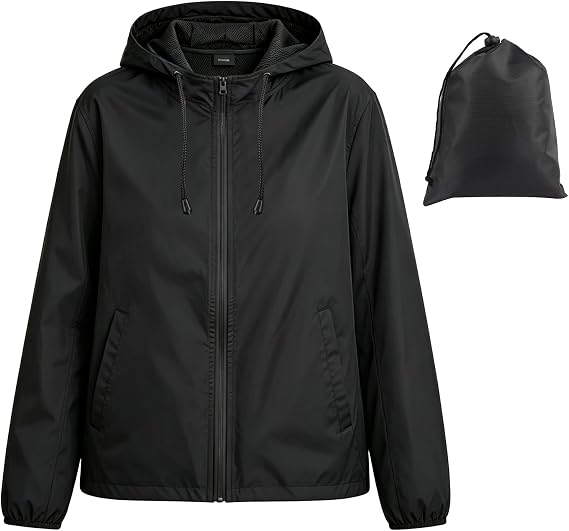 Packable Waterproof Jacket Womens Lightweight, Hooded Rain Jacket Windproof Raincoat for Women with Pockets for Hiking, Travel, Running (UK, Alpha, L, Regular, Regular, Black)
