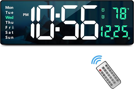 Digital Wall Clock Large Display with 16" Remote Control Living Room Gym Shop Warehouse Office Garage Decor Auto Brightness Dimmer Reloj De Pared with Date Week Temperature Green