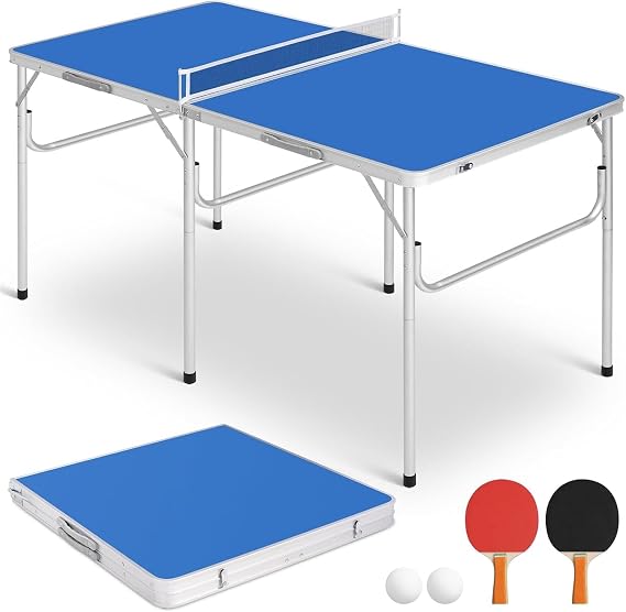 Portable Ping Pong Table - Foldable Table Tennis Set with Net, 2 Paddles & 2 Balls for Indoor/Outdoor Use, Compact Design for Small Spaces, Thickened Aluminum Frame