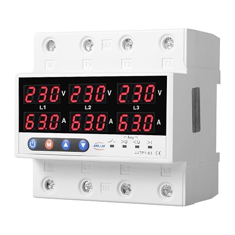 DEWIN Voltage Protector, 3 Phase Din Rail Voltmeter Ammeter AC220V 63A Over Under Voltage Current Limit Relay Protector